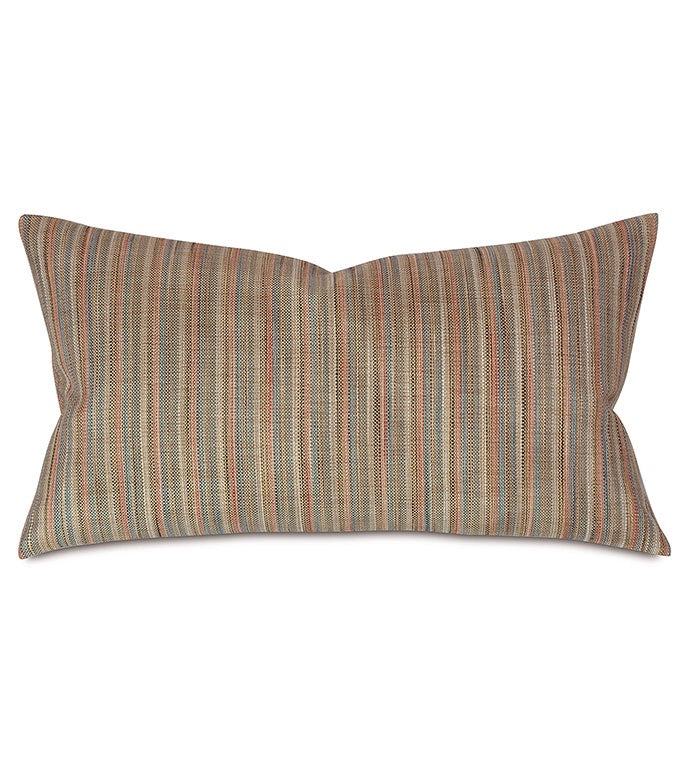 The Lambert Kilim Lumbar by Eastern Accents is a rectangular decorative pillow with muted multicolored stripes in brown, beige, blue, and red. Made in the USA, it's shown against a white background.